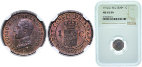 Spain Kingdom 1912 &#128972;2 PCV 1 Centimo - Alfonso XIII (5th portrait) Bronze Madrid Mint (2109000) 1g NGC MS 62 KM 731