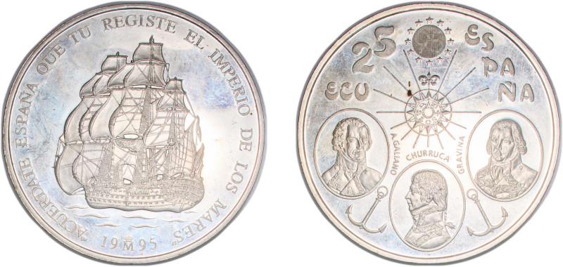Spain Kingdom 1995 M 25 ECU (Santisima Trinidad ship) Silver (.925) Madrid Mint ...