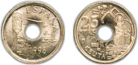 Spain Kingdom 1998 M 25 Pesetas (Ceuta) Aluminium bronze Madrid Mint (184360000) 4.22g UNC Mint Error ¨With stone¨ KM 990 Schön 269
