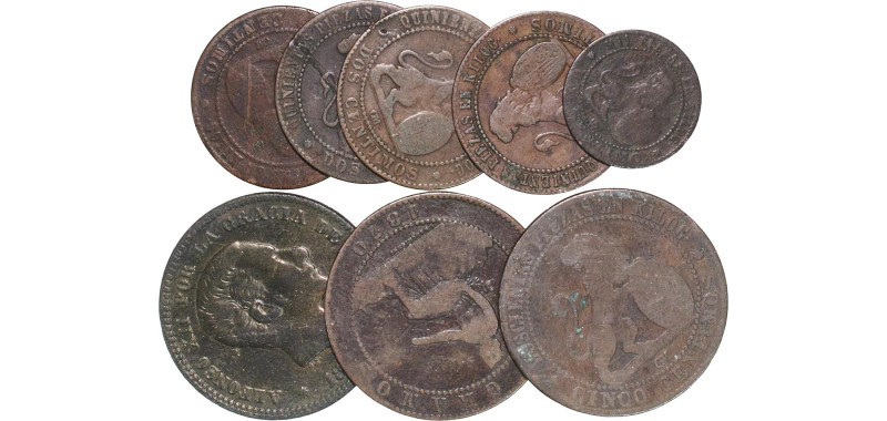 Spain Kingdom 19th Century 1, 2 & 5 Centimos Coinage (8 Lots) Copper VF