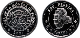 Spain Kingdom 2001 M 500 Pesetas (Hydraulic mill) Silver (.925) Madrid Mint (20000) 6.66g PF KM 1131