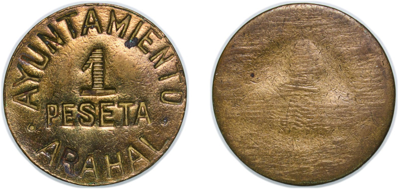 Spain Nationalist Government 1938 1 Peseta (Arahal) Brass Seville Mint 4.25g AU ...