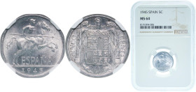 Spain Nationalist Government 1945 5 Centimos Aluminium (221500000) 1.2g NGC MS 64 KM 765