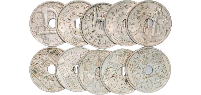 Spain Nationalist Government 1949 *19-51 50 Centimos (10 Lots, Inverted Arrows) ...