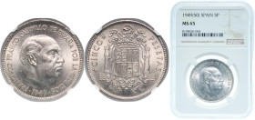 Spain Nationalist Government 1949 &#128972;19-50 5 Pesetas - Francisco Franco Nickel Madrid Mint (21000000) 15g NGC MS 65 KM 778