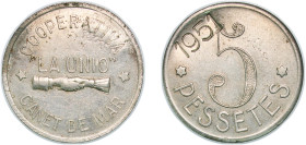 Spain Nationalist Government 1951 5 Pesetas - La Unió (Municipality of Canet de Mar, with countermark "1951") Nickel 9.35g AU AL 399 AL 405-v