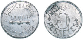Spain Nationalist Government 1951 5 Pesetas - La Unió (Municipality of Canet de Mar, with countermark "1951") Zinc 9.43g UNC