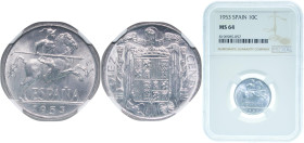 Spain Nationalist Government 1953 10 Centimos - Iberian rider Aluminium Madrid Mint (865850000) 1.9g NGC MS 64 KM 766 Schön 24
