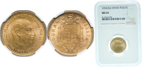 Spain Nationalist Government 1953 &#128972;19-56 1 Peseta - Francisco Franco Aluminium bronze Madrid Mint (108000000) 3.5g NGC MS 65 KM 775 Schön 28
