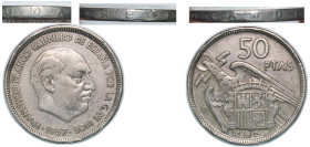 Spain Nationalist Government 1957 *58 50 Pesetas - Francisco Franco (edge lettering UNA - LIBRE - GRANDE) Copper-nickel (75% copper, 25% nickel) Madri...
