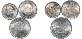 Spain Nationalist Government 1957 Pesetas Set - Francisco Franco (3 Lots, 5 ptas *71, 25 ptas *72, 50 ptas *71) Madrid Mint BU