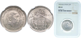 Spain Nationalist Government 1957 &#128972;19-65 25 Pesetas - Francisco Franco Copper-nickel Madrid Mint (20000000) 8.5g NGC MS 64 KM 787