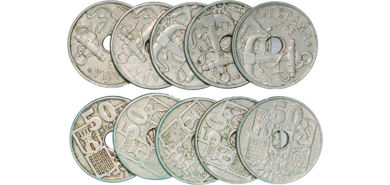 Spain Nationalist Government 1963 *19-63 50 Centimos (10 Lots) Copper-nickel Mad...