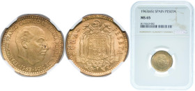 Spain Nationalist Government 1963 &#128972;19-65 1 Peseta - Francisco Franco Aluminium bronze Madrid Mint (70000000) 3.5g NGC MS 65 KM 775 Schön 28