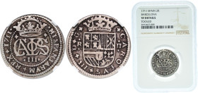 Spain Principality of Catalonia Spanish states 1711 2 Reales - Carlos III (pretender) Silver (.931) La Seca Mimt 5.7g NGC VF Tooled Cal 23 KM PT5