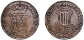 Spain Principality of Catalonia Spanish states 1838 6 Cuartos (6 CUAR) Copper La Seca Mimt 14.41g AU KM 128