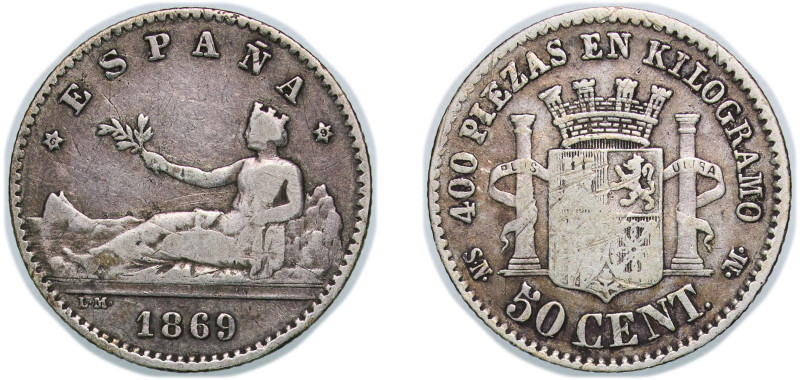 Spain Provisional Government 1869 &#128972;6-9 SNM 50 Centimos Silver (.835) Mad...