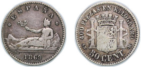 Spain Provisional Government 1869 &#128972;6-9 SNM 50 Centimos Silver (.835) Madrid Mint (452726) 2.42g VF Scratches KM 651