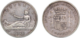 Spain Provisional Government 1870 &#128972;18-70 SNM 5 Pesetas Silver (.900) Madrid Mint (5923455) 24.77g VF KM 655