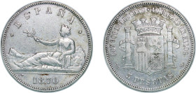 Spain Provisional Government 1870 &#128972;18-70 SNM 5 Pesetas Silver (.900) Madrid Mint (5923455) 24.95g XF KM 655