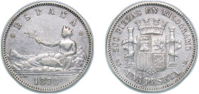 Spain Provisional Government 1870 &#128972;18-73 DEM 1 Peseta Silver (.835) Madrid Mint (5164997) 4.93g XF KM 653
