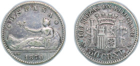 Spain Provisional Government 1870 &#128972;7-0- SNM 50 Centimos Silver (.835) Madrid Mint (538808) 2.42g XF KM 651