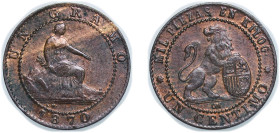 Spain Provisional Government 1870 &#128974;OM 1 Centimo Bronze Barcelona Mint (169890697) 0.95g AU KM 660