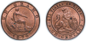 Spain Provisional Government 1870 &#128974;OM 1 Centimo Bronze Barcelona Mint (169890697) 1.01g UNC KM 660