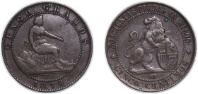 Spain Provisional Government 1870 &#128974;OM 5 Centimos Bronze Barcelona Mint (287381000) 5.25g VF KM 662