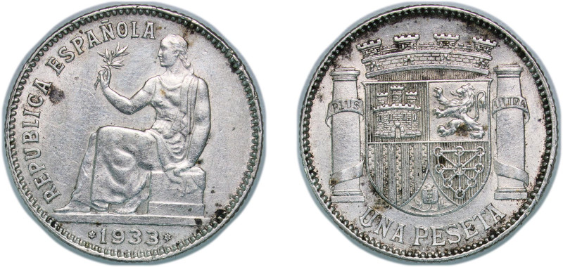 Spain Second Republic 1933 *3-4 1 Peseta Silver (.835) Madrid Mint (2000000) 5g ...