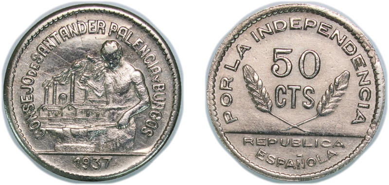 Spain Second Republic 1937 50 Centimos (Santander, Palencia y Burgos) Copper-nic...