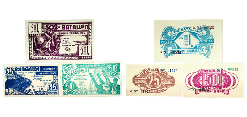Spain Second Republic 1937 Centimos Set (502nd battalion, 3 Lots) Paper UNC