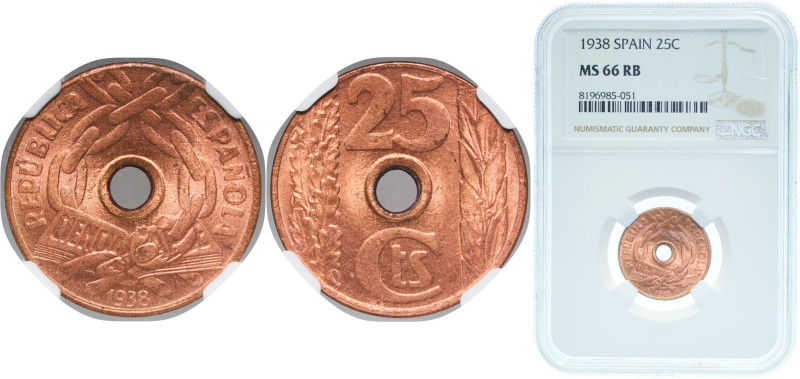 Spain Second Republic 1938 25 Centimos Brass Madrid Mint (45500000) 4.9g NGC MS ...
