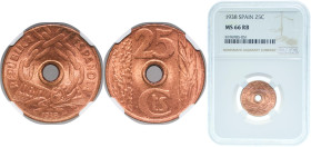 Spain Second Republic 1938 25 Centimos Brass Madrid Mint (45500000) 4.9g NGC MS 66 KM 757