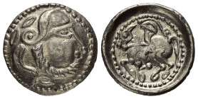Ostkelten. Transsilvanien. Typ 'Baumreiter'.

 Drachme (Silber). 2. Jhdt. v. Chr.
Vs: Stilisierter Kopf mit Lorbeerkranz rechts.
Rs: Stilisierter ...