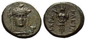 Lukanien. Herakleia.

 Bronze. Ca. 280 - 150 v. Chr.
Vs: Büste der Athena mit attischem Helm in Dreiviertelansicht rechts; im Feld rechts Stierkopf...