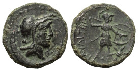 Sizilien. Gaulos.

 Bronze. 2. - 1. Jhdt. v. Chr.
Vs: Kopf der Athena (oder Roma?) mit korinthischem Helm rechts, darunter Mondsichel.
Rs: Krieger...