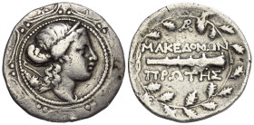 Makedonien unter römischer Herrschaft.

 Tetradrachme (Silber). Ca. 165 - 150 v. Chr. Amphipolis.
Vs: Makedonischer Schild, im Zentrum drapierte Bü...