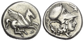 Illyrien. Dyrrhachion.

 Stater (Silber). Ca. 344 - 300 v. Chr.
Vs: Pegasos nach rechts fliegend, darunter Delta.
Rs: Kopf der Athena mit korinthi...