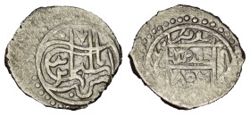 Osmanen. Emir Süleyman (805 - 813 H. / 1402 - 1411).

 Akce (Silber). 806 H. Ohne Münzstätte.
Zweite Münzserie.

Vs: Tughra.
Rs: In Quadrat: Hül...