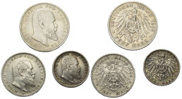 Deutschland - Lots.


Deutschland nach 1871. Kaiserreich. 
Württemberg. 
Wilhelm II. (1891 - 1918).

Lot (3 Stück, Silber): 5 Mark 1903, 3 Mark...