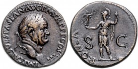 Rom - Kaiserzeit Vespasianus 69-79 Sesterz belorbeerter Kopf n.r. / Roma steht l., hält Victoria rechts u. Speer links RIC 443. Cohen 469. 
 f.vz