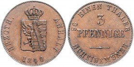 Anhalt - Bernburg Anhaltinische Gemeinschaftsmünzen 1839-1871 3 Pfennig 1840 Mann 781. AKS 25. Jg. 61. 
 f.vz