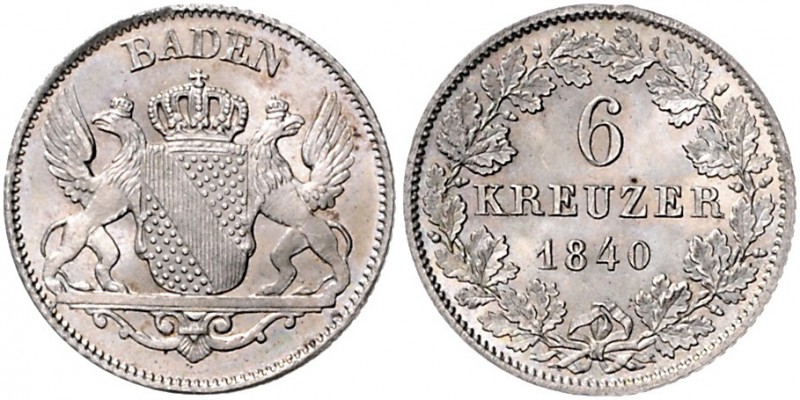Baden Leopold 1830-1852 6 Kreuzer 1840 AKS 101. Jg. 54. 
Prachtexemplar st