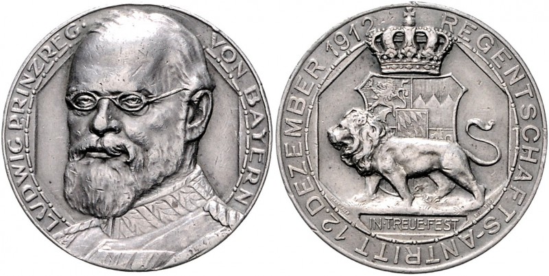 Bayern Ludwig III. 1913-1918 Silbermedaille 1912 (v. Lauer) auf seinen Regentsch...