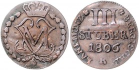 Berg Maximilian IV. Joseph 1799-1806 3 Stüber o.J. R Kupferabschlag AKS 4. Jg. 161. 
l.gewellt ss