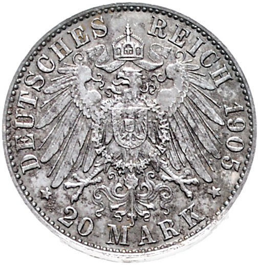 Preussen Wilhelm II. 1888-1918 20 Mark 1905 Einseitige Probe der Adlerseite in E...