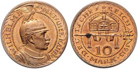 Preussen Wilhelm II. 1888-1918 10 Mark-Probe 1913 (v. Karl Goetz) Kupfer, vergoldet Kien. 76. J. zu253. 
Rs. Fleck 3,13g PP
