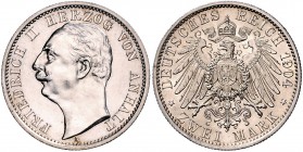Anhalt Friedrich II. 1904-1918 2 Mark 1904 A Die Münze wurde zum Regierungsantritt geprägt J. 22. 
Prachtexemplar! st