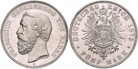 Baden Friedrich I. 1856-1907 5 Mark 1876 G ohne Querstrich beim A von BADEN J. 27F. 
 f.vz